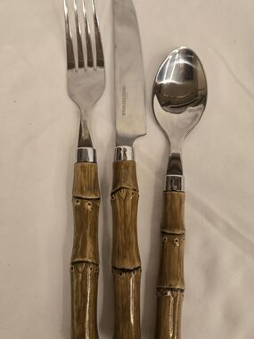 Bamboo-Style Stainless Steel Flatware Setting For 4  - Brown Handle